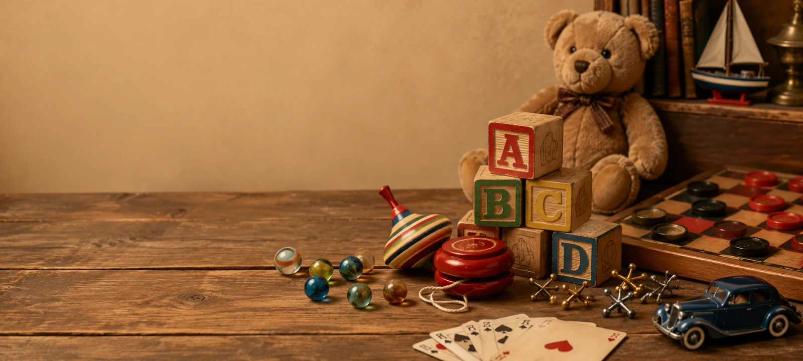 Classic board games and nostalgic toys arranged on a table for games and toys trivia