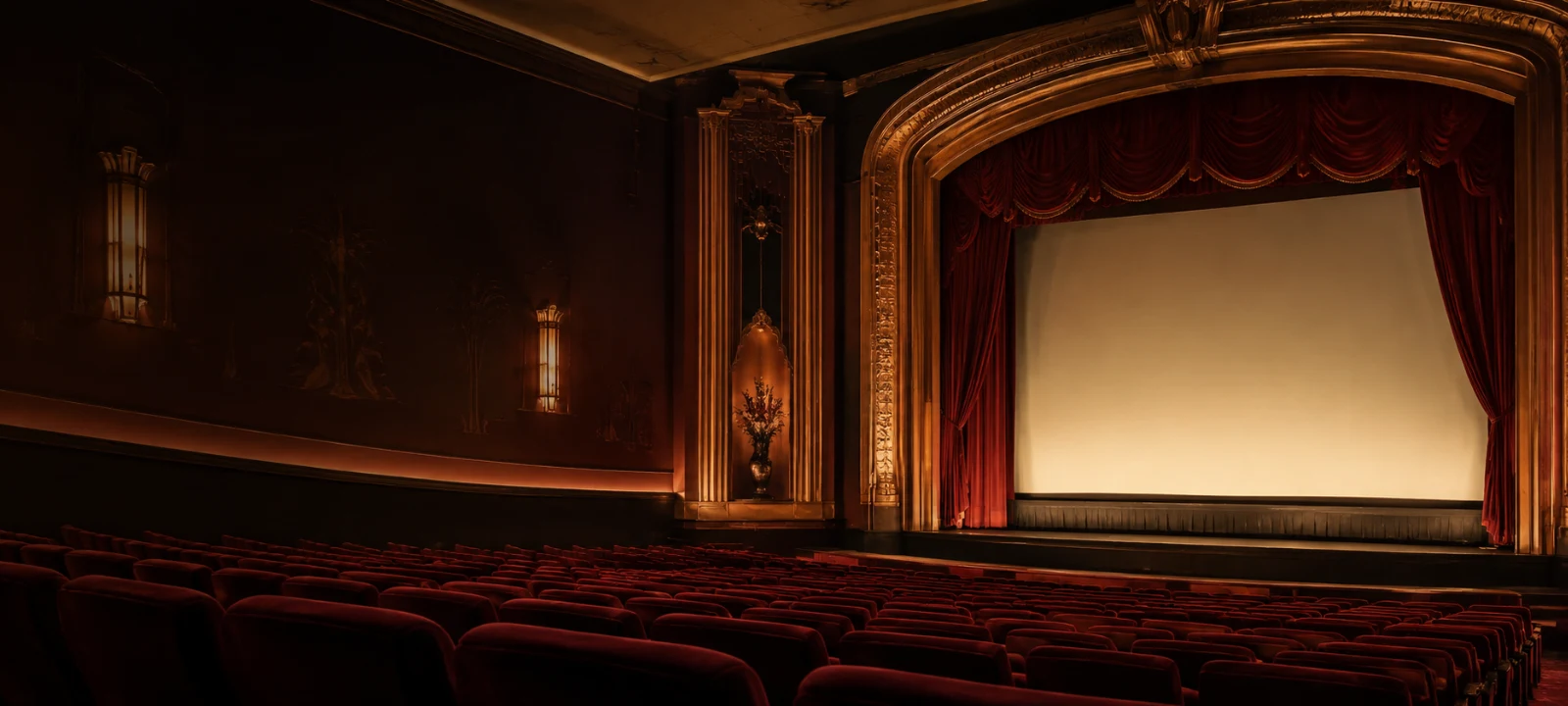 Vintage movie theater seats and film projector for classic movie trivia