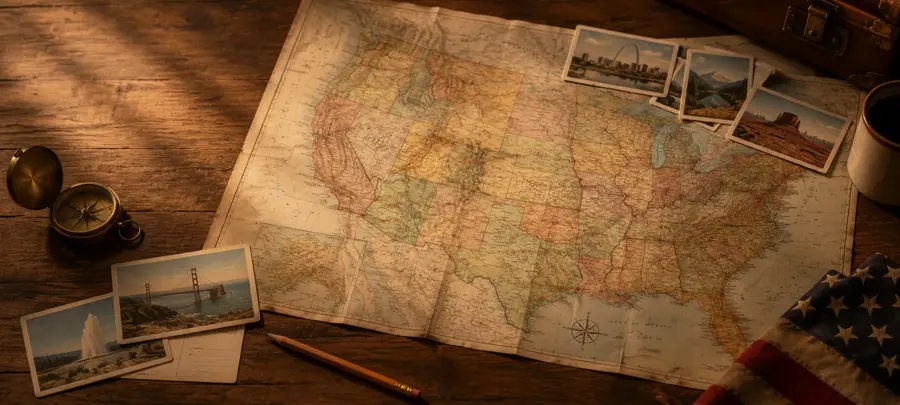 Vintage-style travel map of the United States with postcards and landmarks for U.S. geography trivia