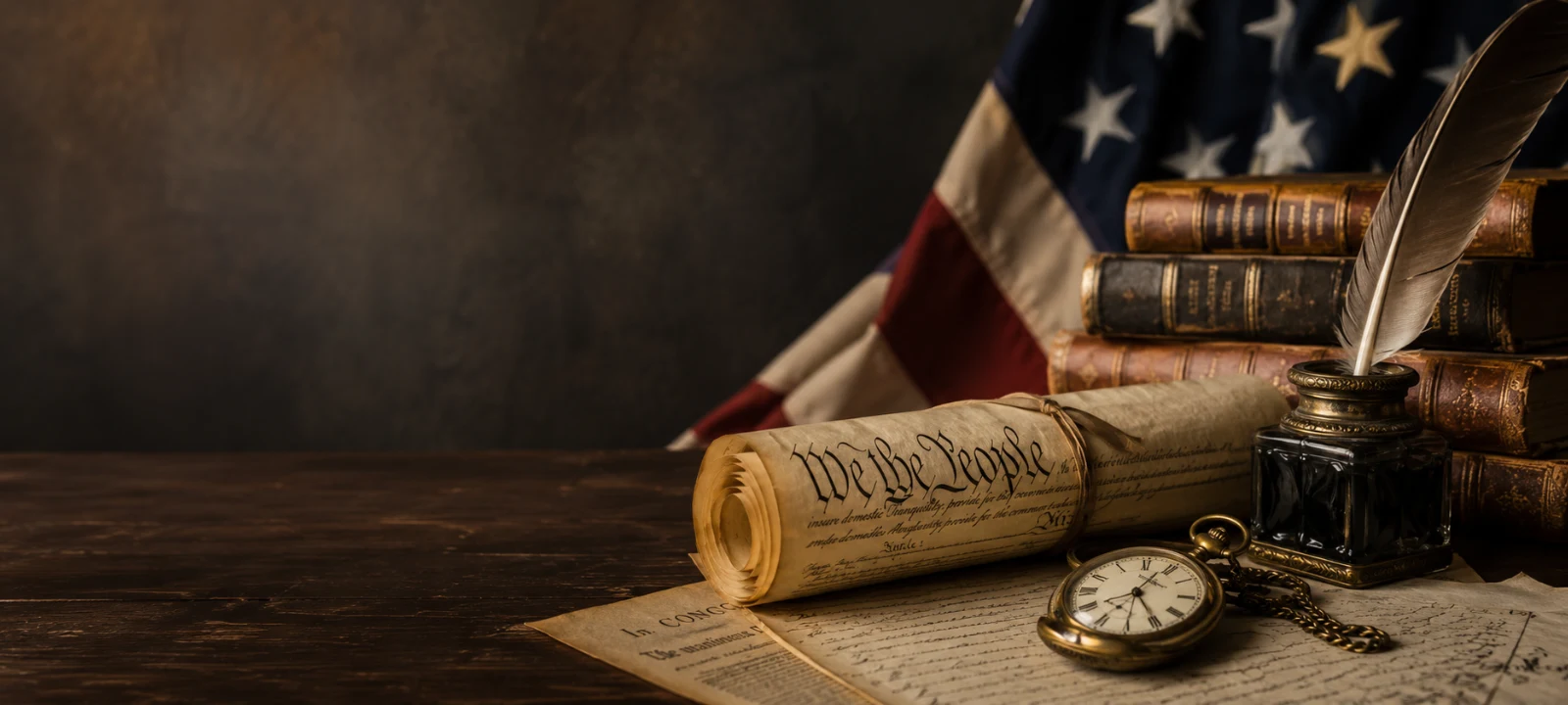 Vintage American history desk with old documents, a map, and patriotic historical objects